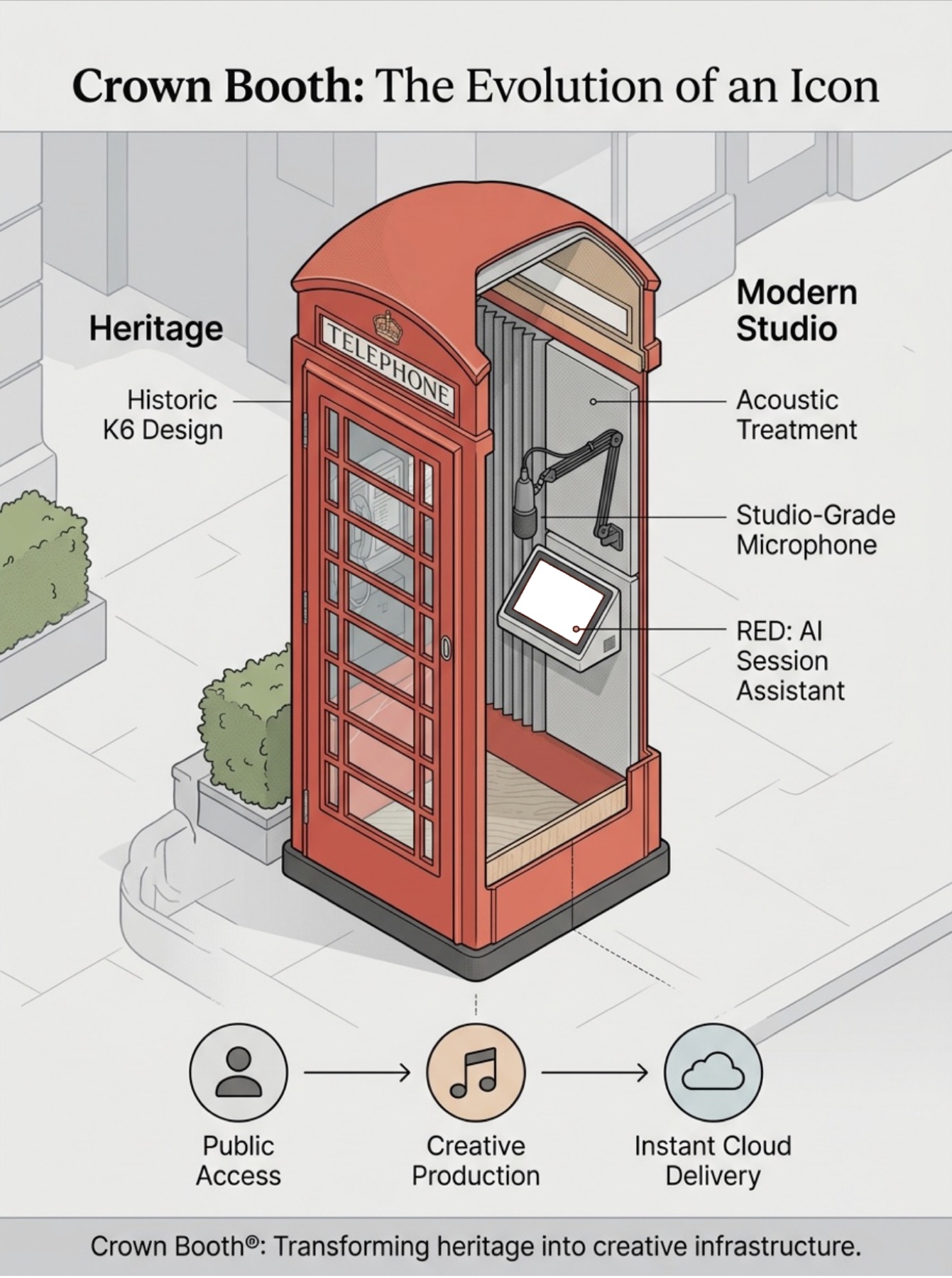 Crown Booth telephone box studio lit at night